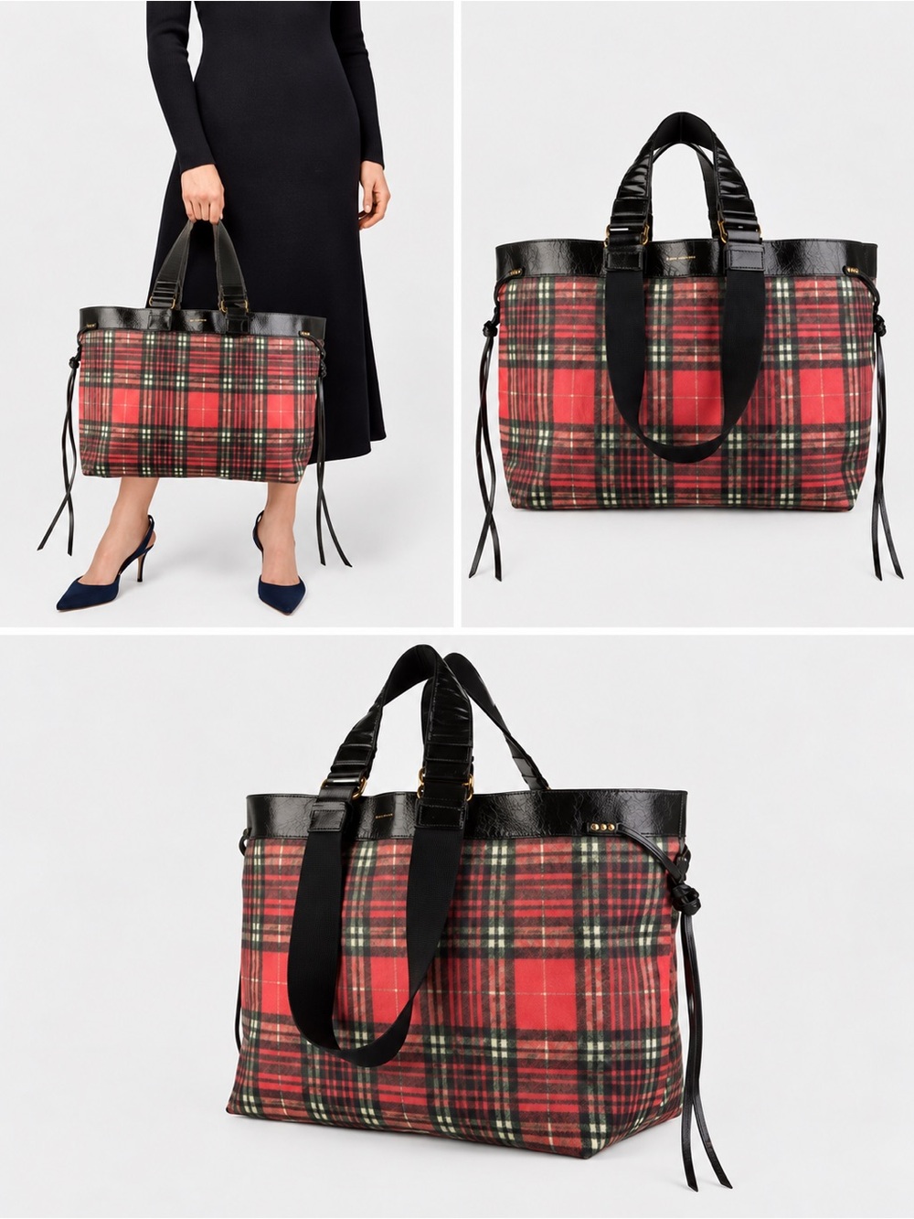 Isabel Marant Wardy New Red Plaid Tartan Leather Trim Tote Bag